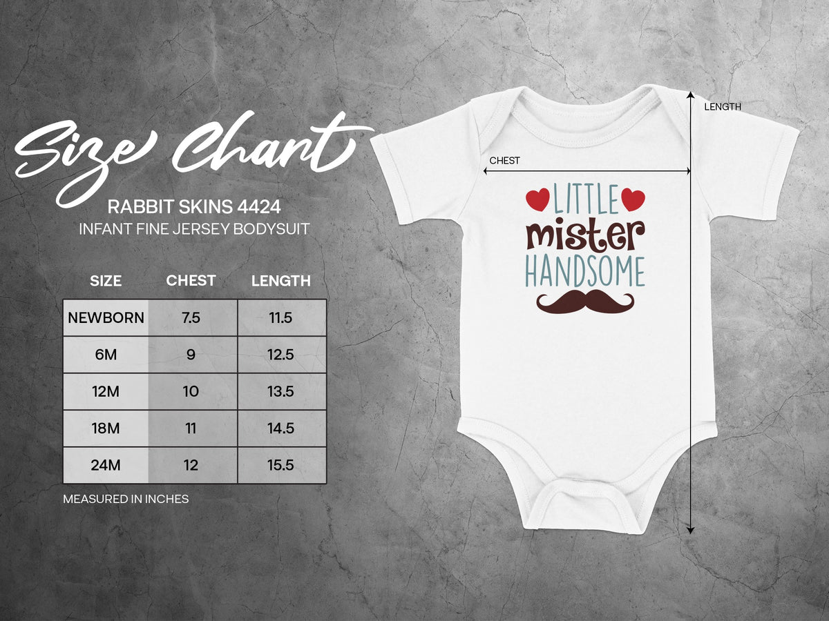 White infant bodysuit size chart featuring a measurement table and a graphic with text reading Little mister handsome.