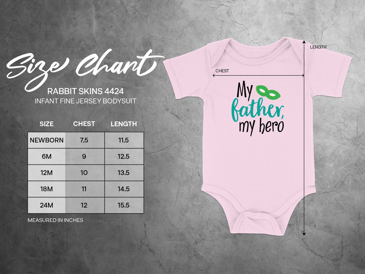 Pink baby bodysuit with measurement arrows alongside a size chart table for infant sizes newborn to 24 months.