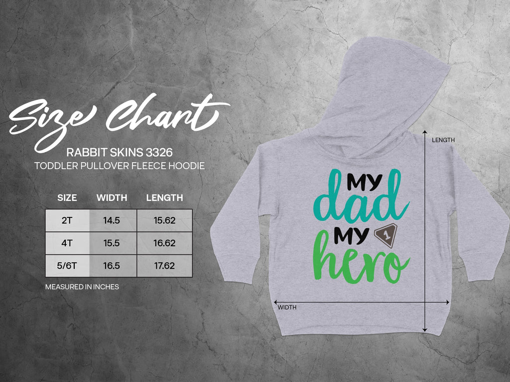 Rabbit Skins 3326 toddler pullover fleece hoodie size chart showing width and length measurements in inches.