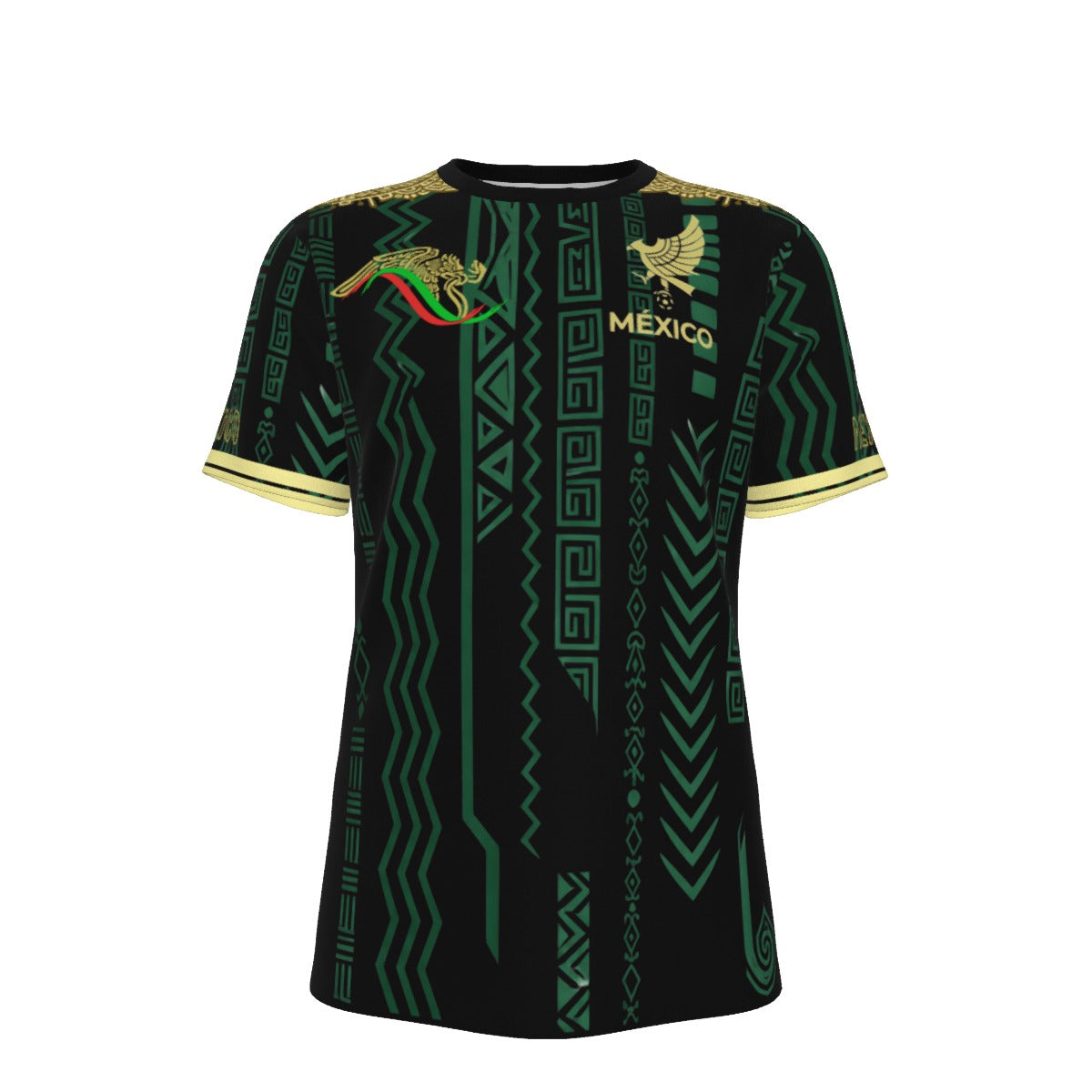 Camiseta México estilo azteca con patrones geométricos y águila dorada Hombre