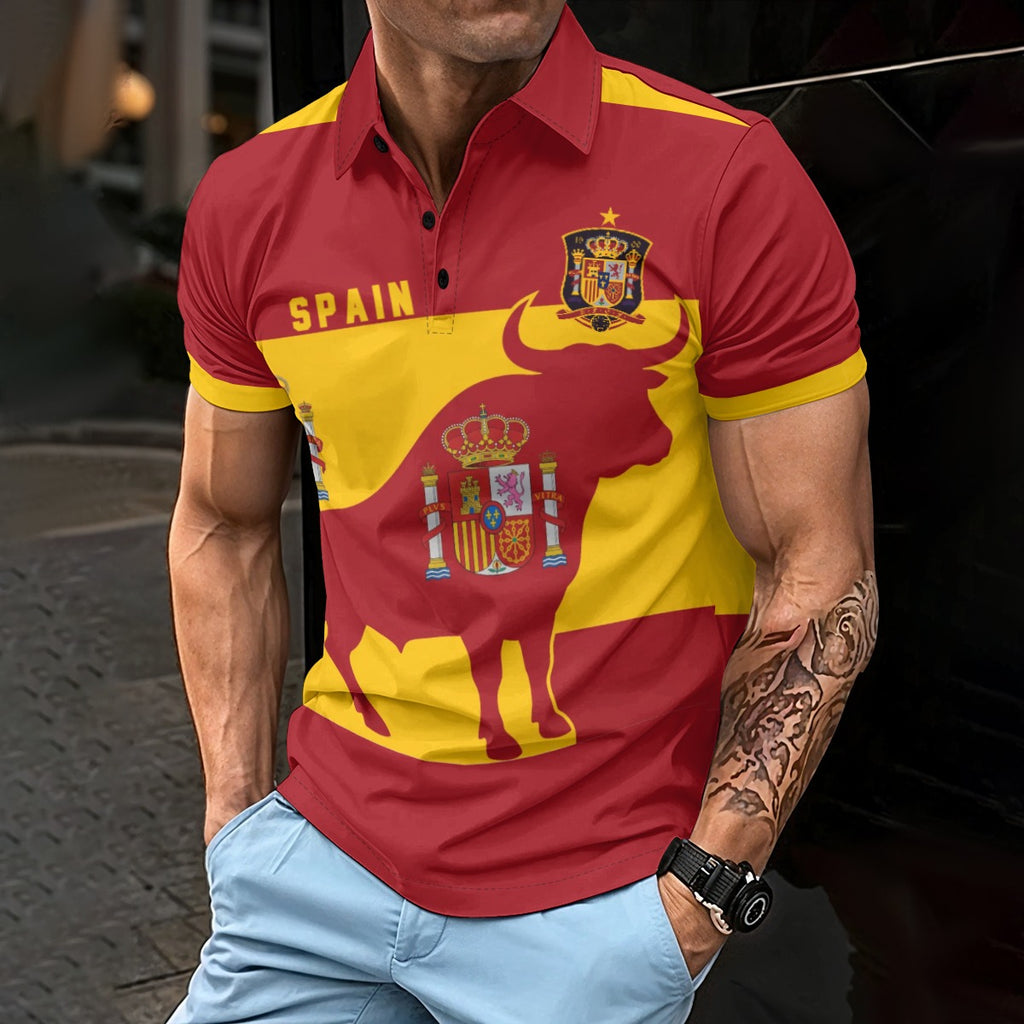 Camisa Tipo Polo de España con Diseño de Toro y Escudo Real Premium