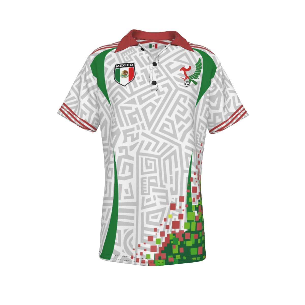 Polo México moderno estilo deportivo | Camisa elegante blanco verde rojo con diseño geométrico