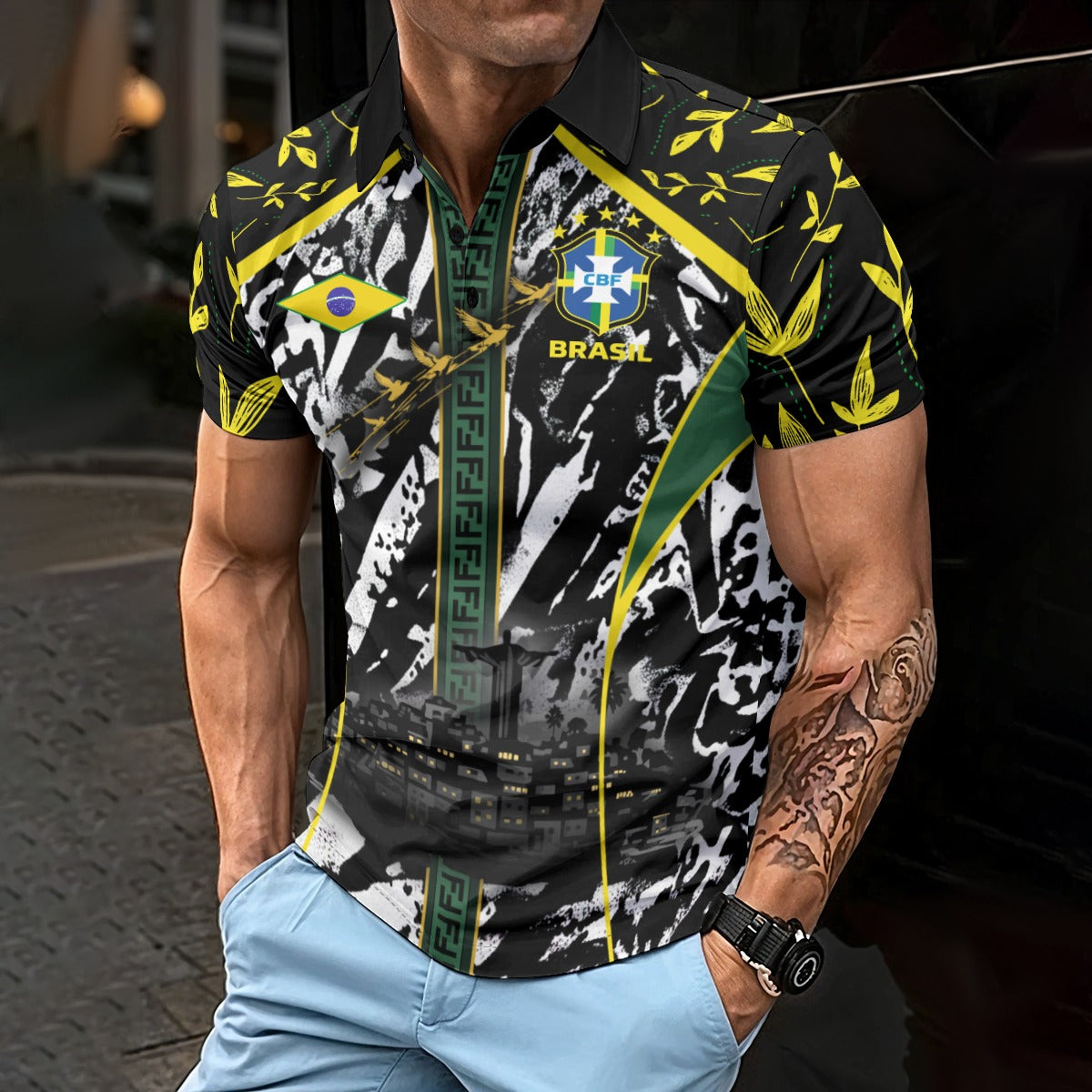 Polo Brasil negro moderno con detalles verde y amarillo | Camisa deportiva elegante estilo urbano