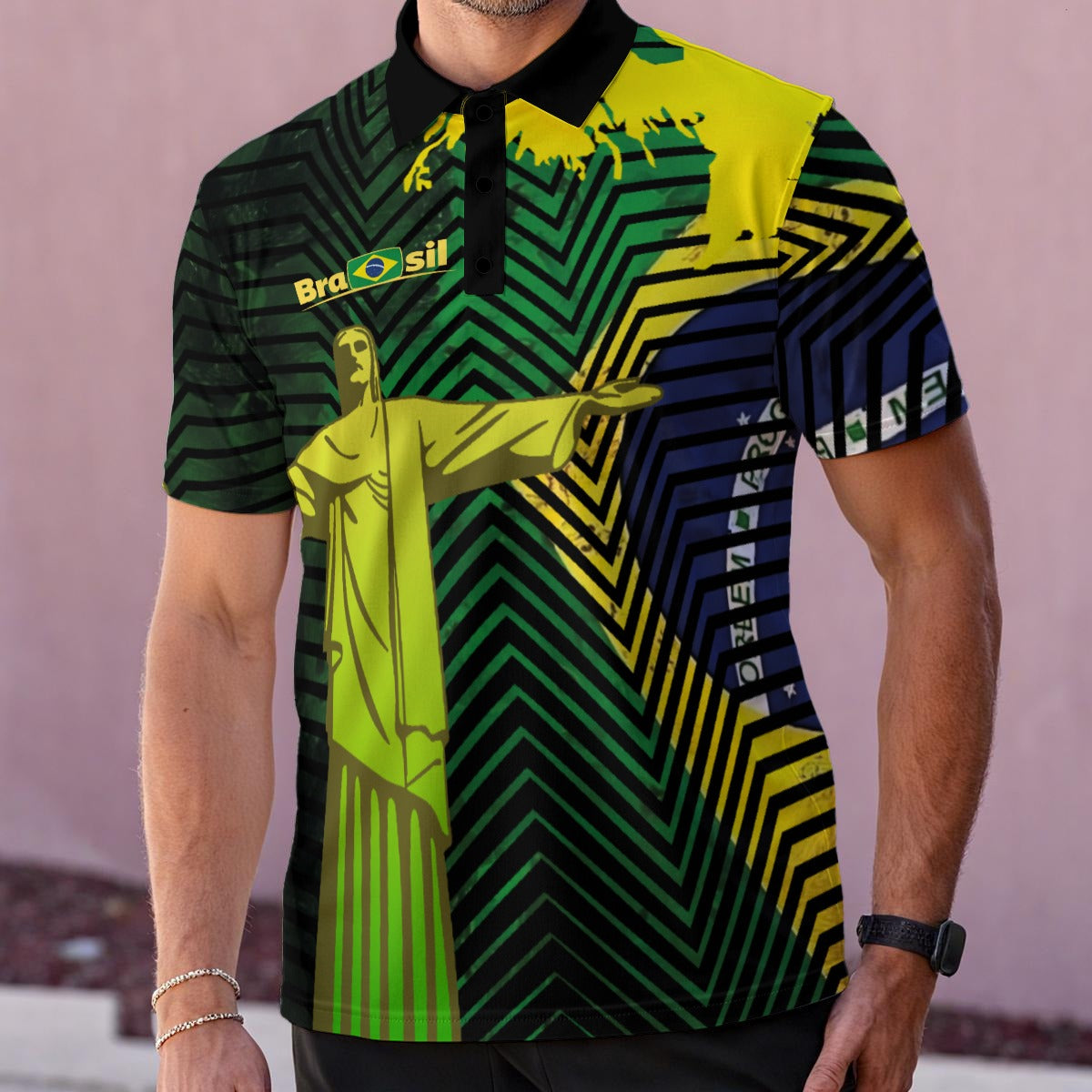 Camiseta Tipo Polo Brasil Cristo Redentor Streetwear – Ícono Urbano Tropical (Hombre)