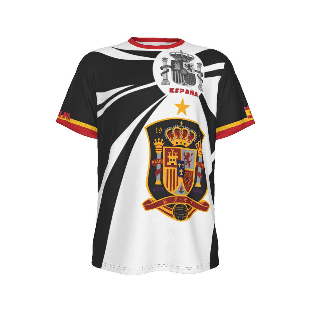 Camiseta España  BlanquiNegra con escudo y texto Spain en diseño deportivo