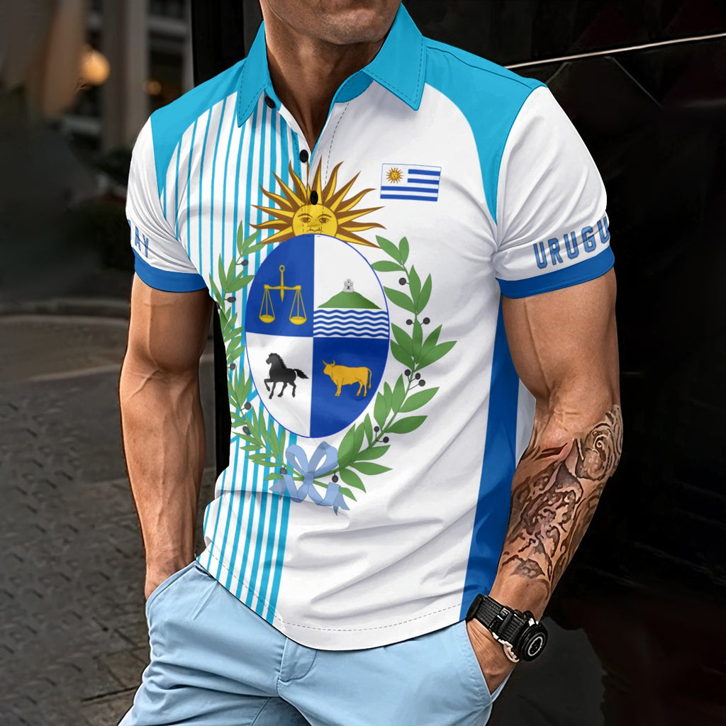 Polo Uruguay con escudo nacional | Camisa deportiva elegante celeste para hombre