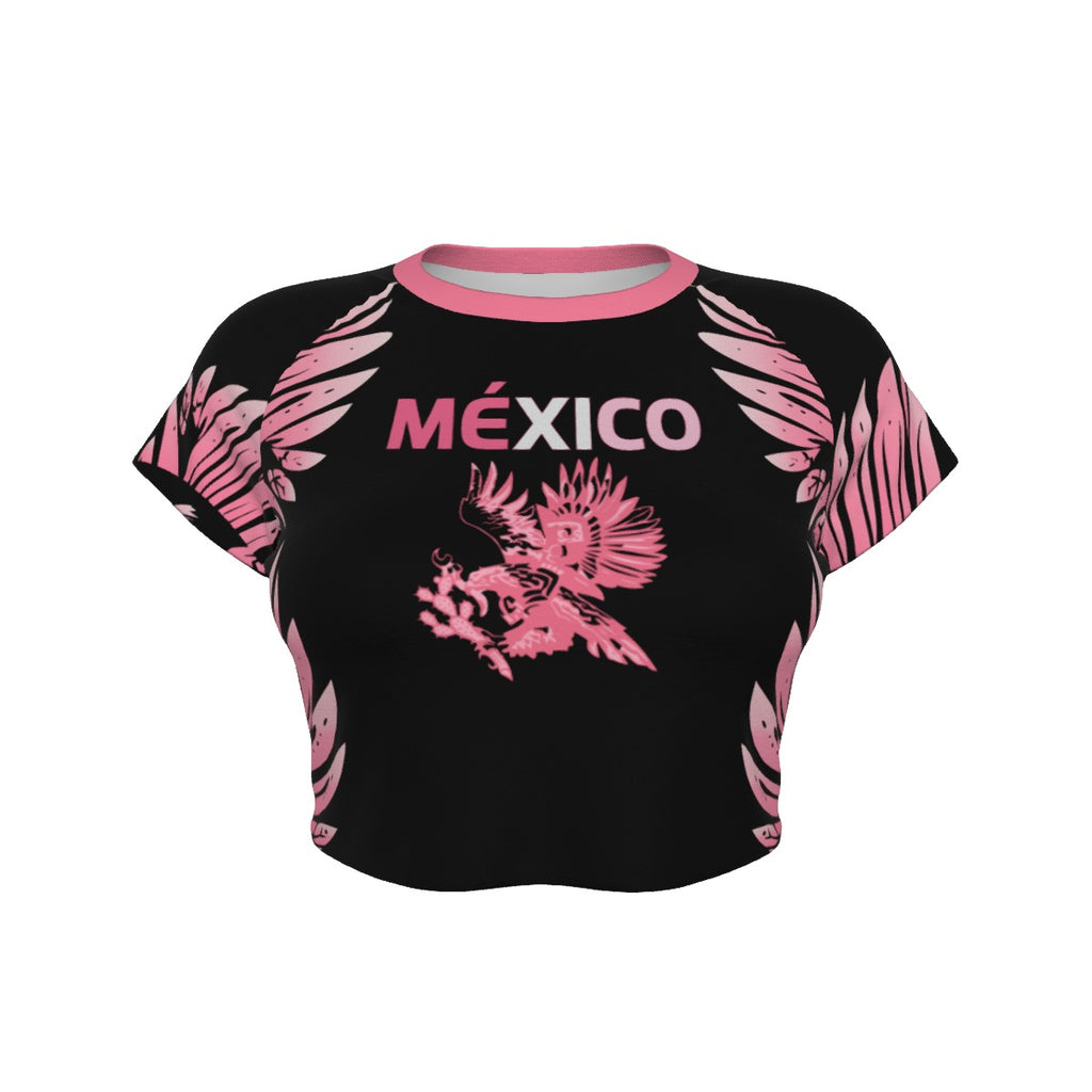 Crop Top de México Deportiva Premium con Mangas Ranglán y Alas Rosas