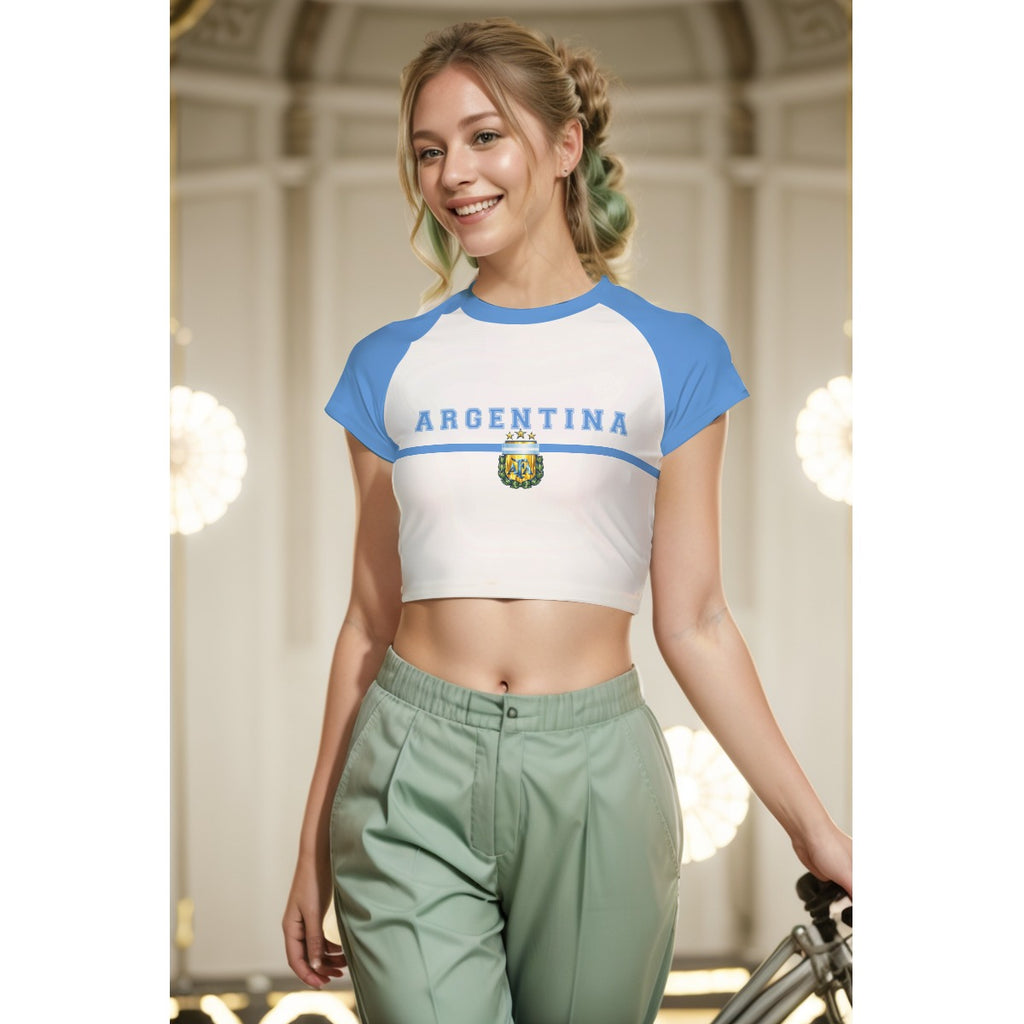 Crop Top Argentina Mujer – Camiseta Corta Deportiva Raglan Albiceleste Argentina