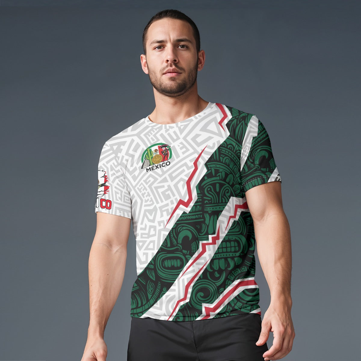 Camiseta México diseño azteca moderno | Playera deportiva cuello redondo verde blanco
