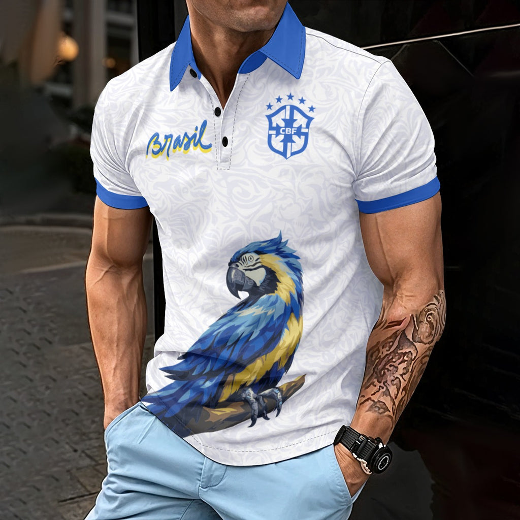 Polo Brasil guacamaya tropical | Camisa blanca elegante con diseño exótico y estilo brasileño