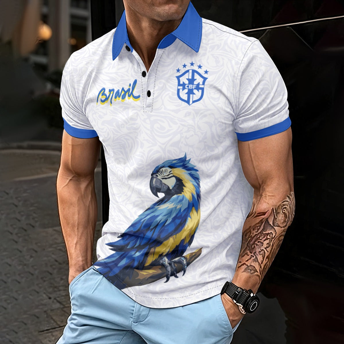 Polo Brasil guacamaya tropical | Camisa blanca elegante con diseño exótico y estilo brasileño