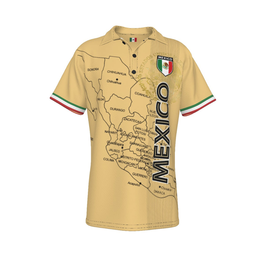 Polo México beige con mapa del país y diseño vertical moderno estilo deportivo