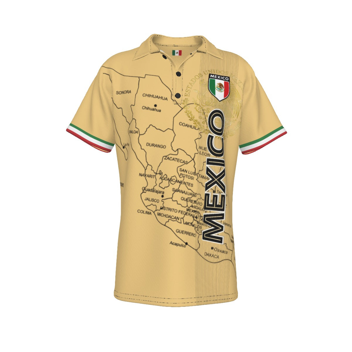 Polo México beige con mapa del país y diseño vertical moderno estilo deportivo