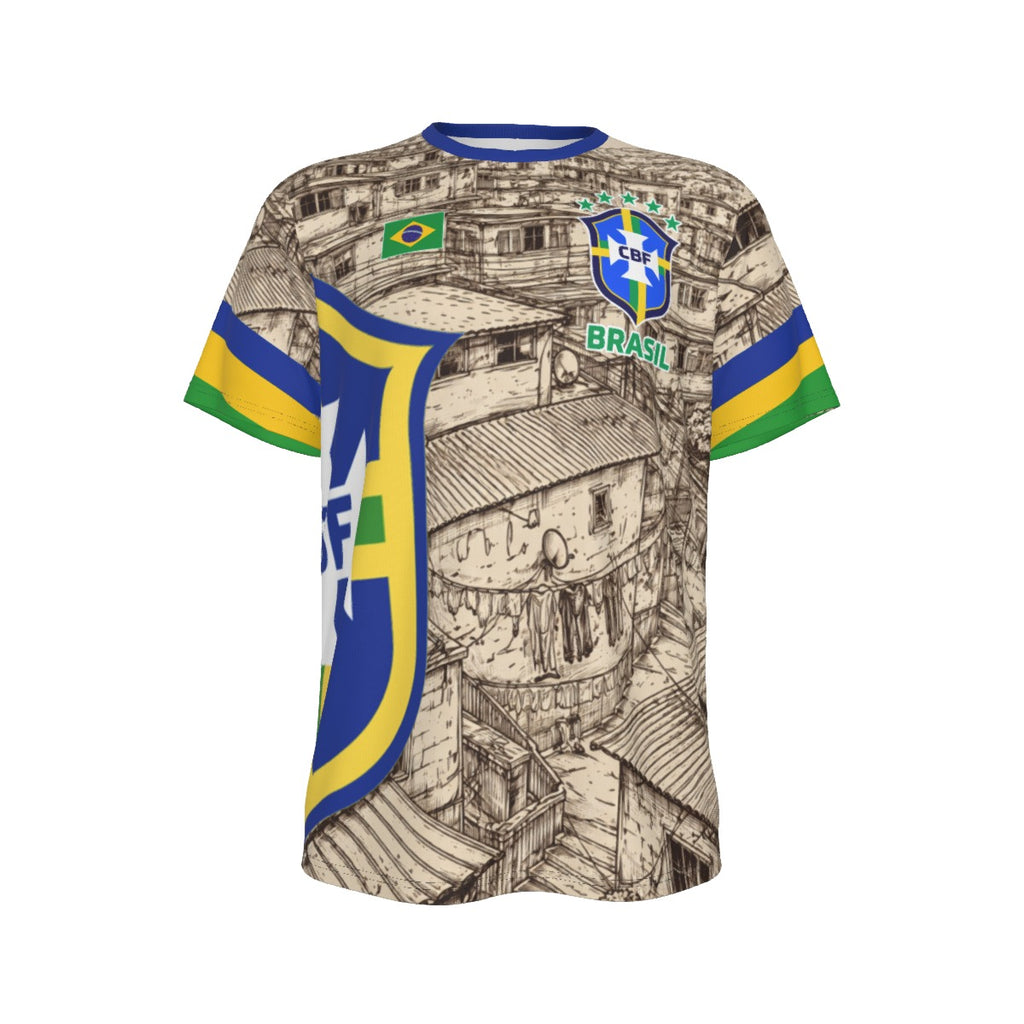 Camiseta Brasil Favelas estilo fútbol con escudo y detalles verde amarillo