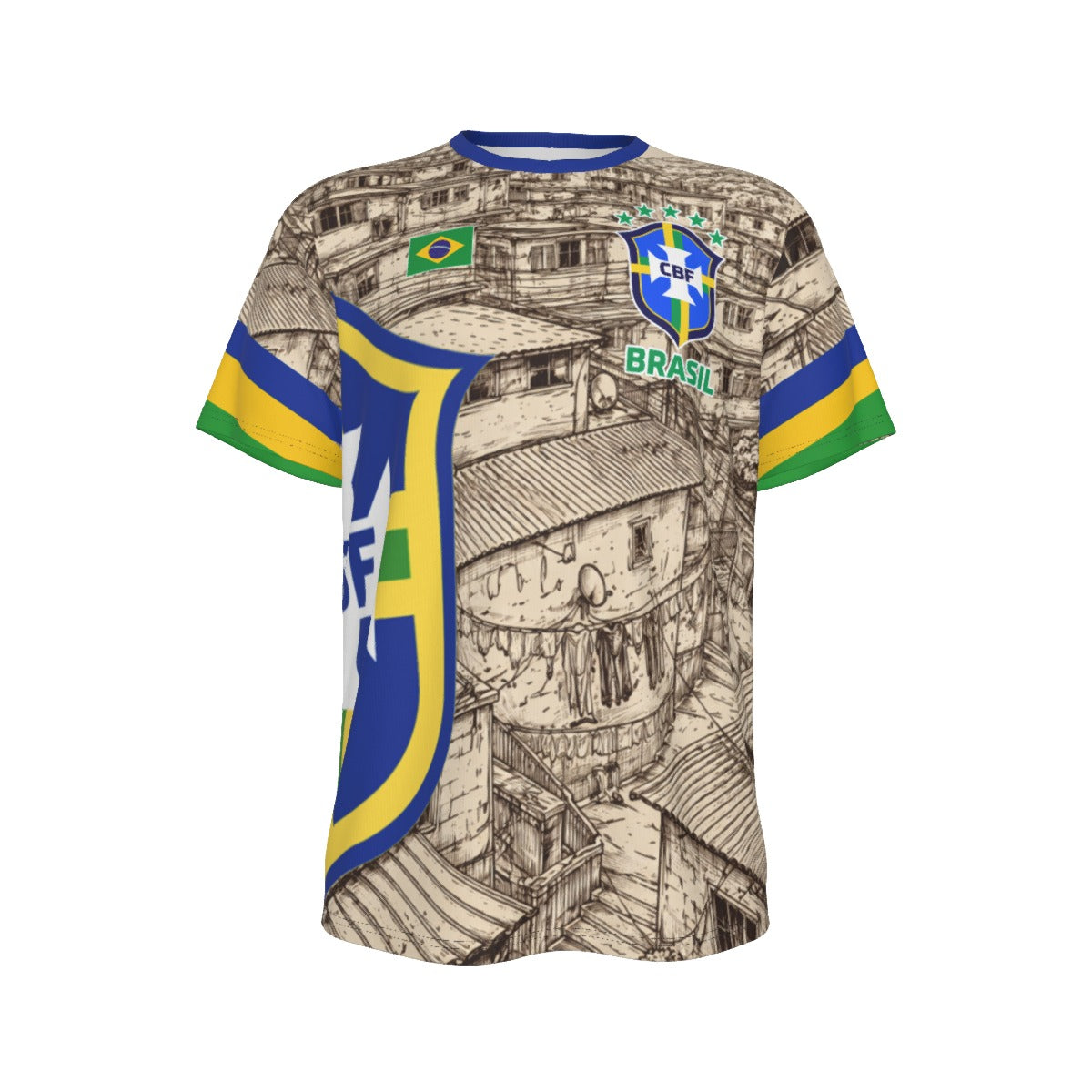 Camiseta Brasil Favelas estilo fútbol con escudo y detalles verde amarillo