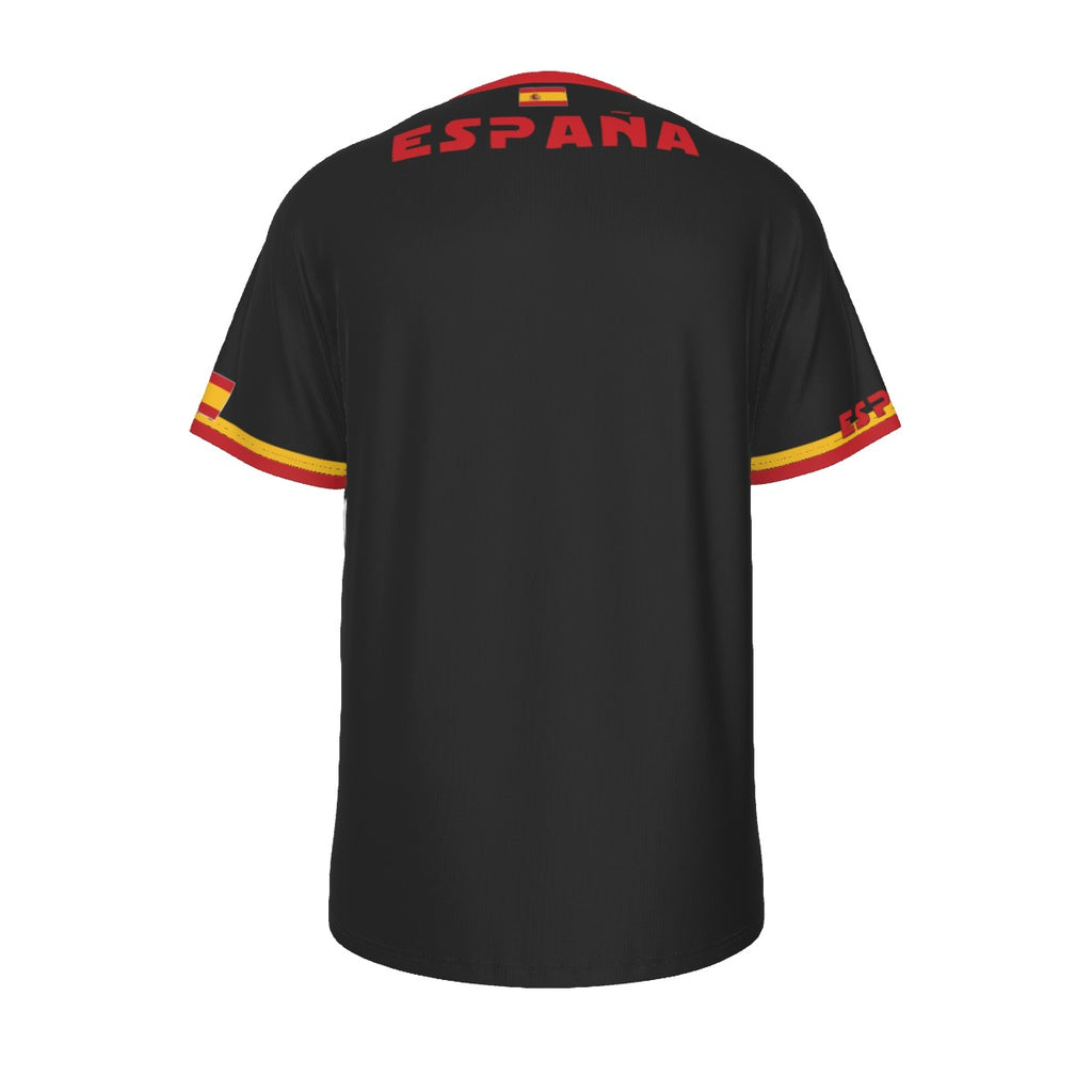 Camiseta España  BlanquiNegra con escudo y texto Spain en diseño deportivo