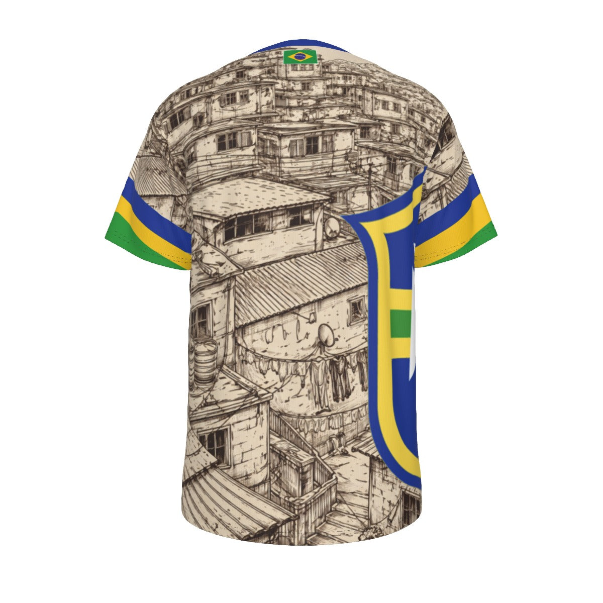 Camiseta Brasil Favelas estilo fútbol con escudo y detalles verde amarillo