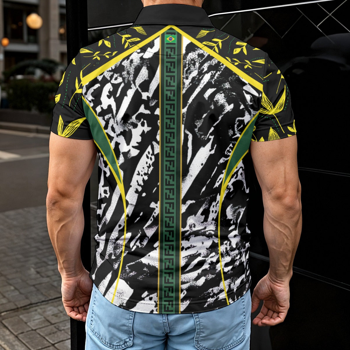 Polo Brasil negro moderno con detalles verde y amarillo | Camisa deportiva elegante estilo urbano