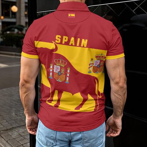Camisa Tipo Polo de España con Diseño de Toro y Escudo Real Premium