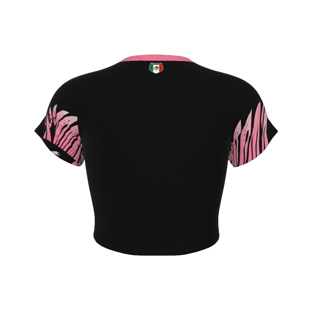 Crop Top de México Deportiva Premium con Mangas Ranglán y Alas Rosas
