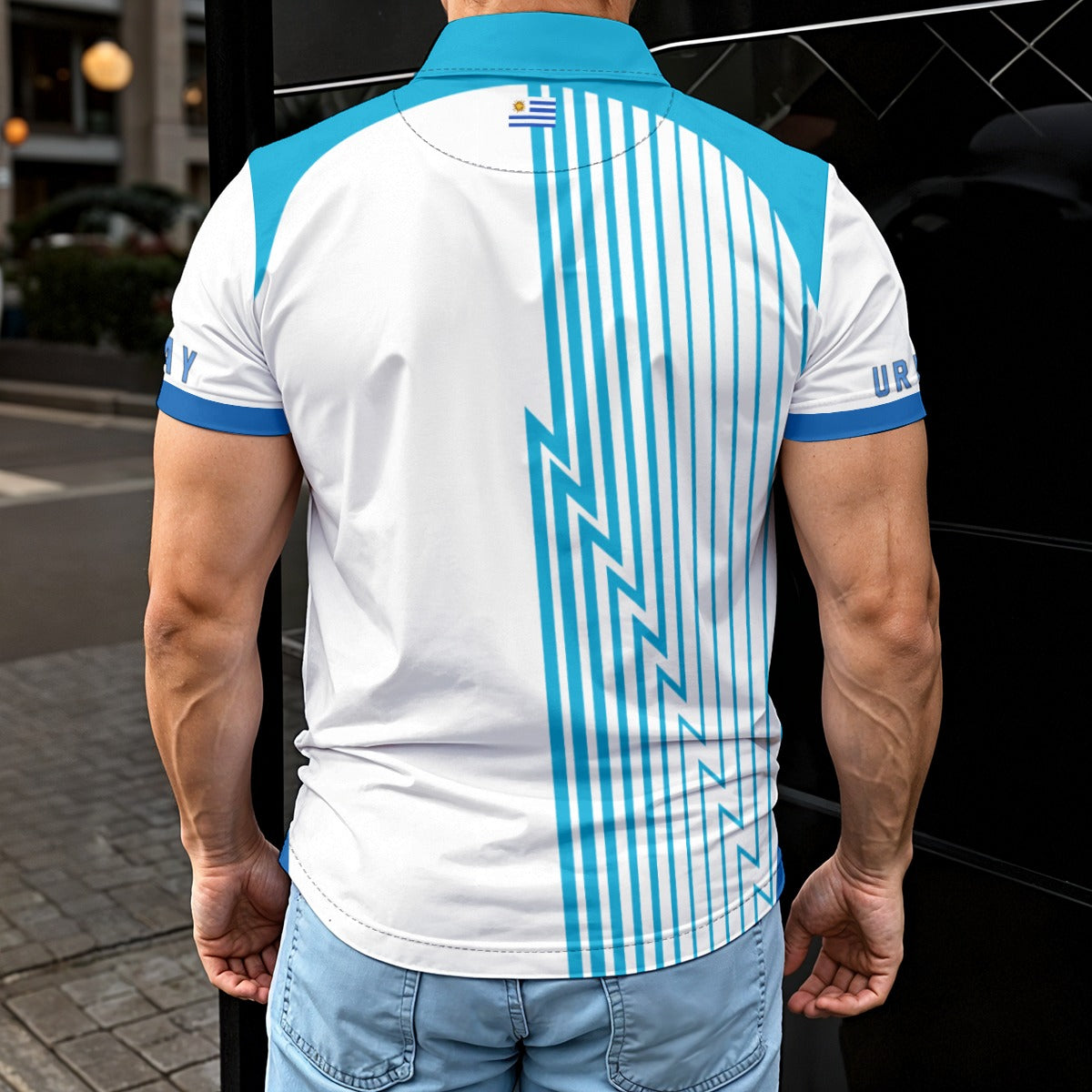 Polo Uruguay con escudo nacional | Camisa deportiva elegante celeste para hombre
