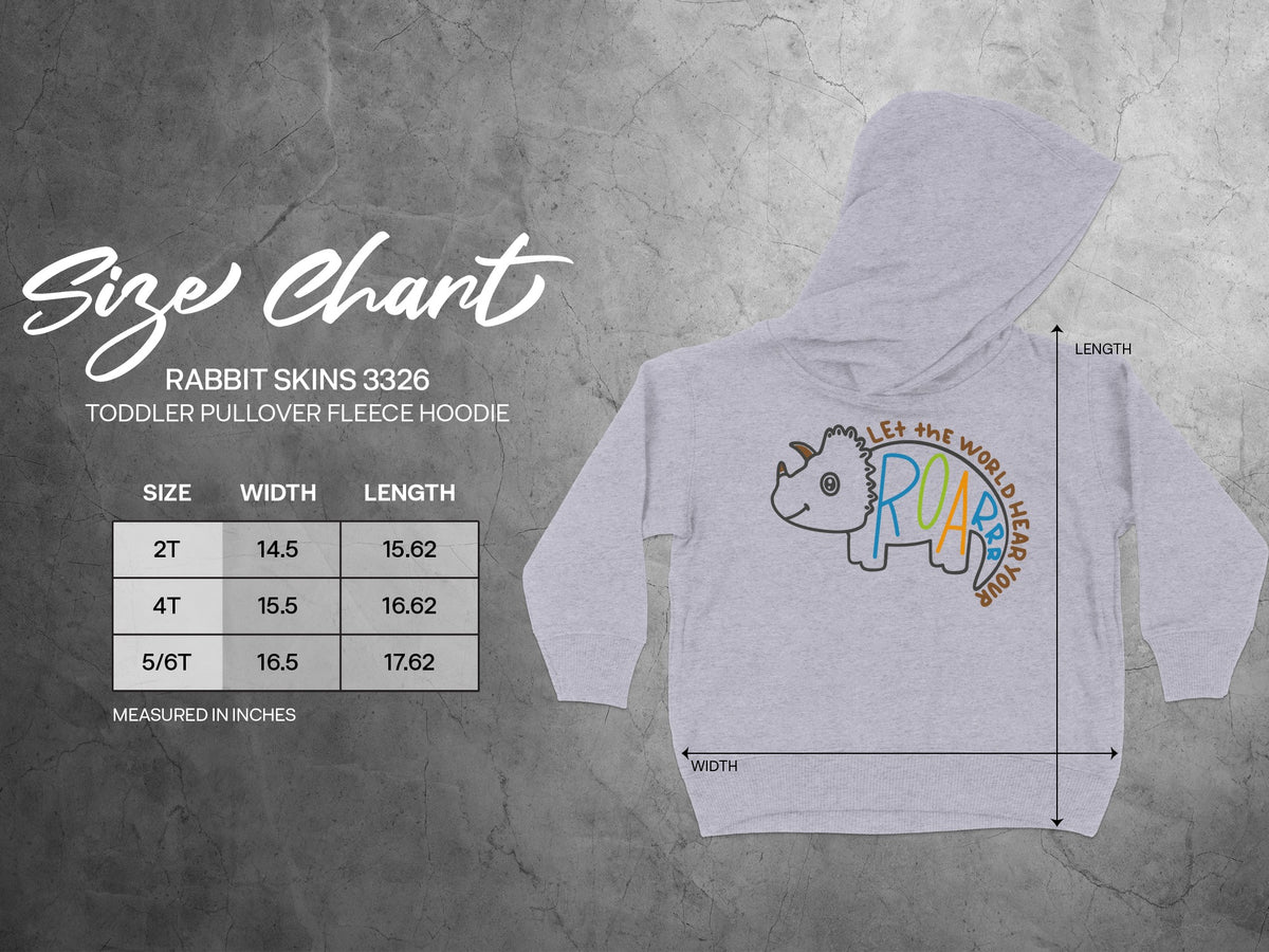 Grey toddler hoodie featuring a dinosaur graphic, accompanied by a size chart with width and length measurements.