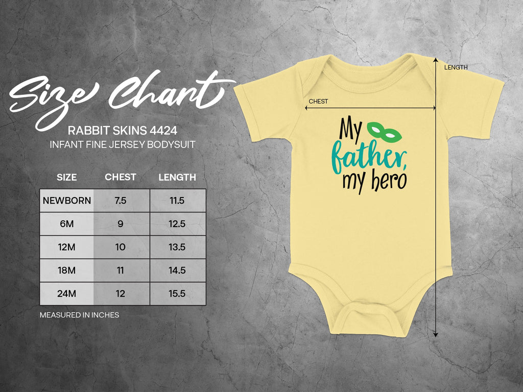 Size chart and measurements for the Rabbit Skins 4424 infant fine jersey bodysuit displayed next to the garment.
