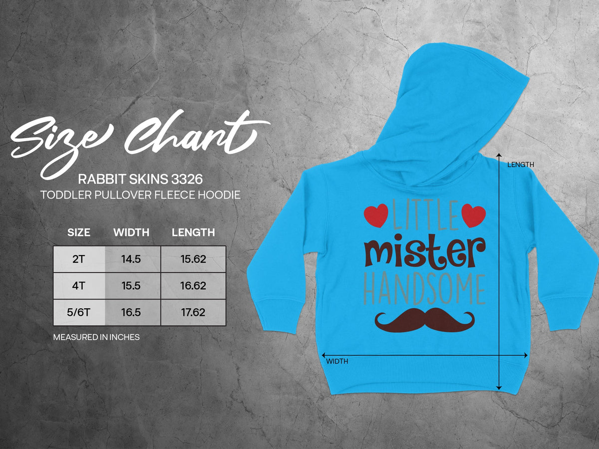 Bright blue toddler hoodie with a size chart displaying width and length measurements in inches.