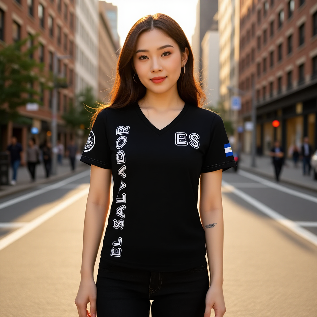 Camiseta Deportiva Mujer El Salvador – V-Neck Estilo Deportivo Premium