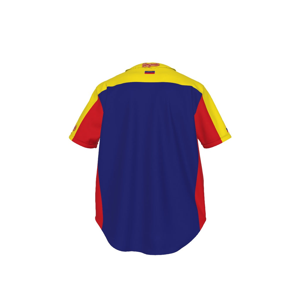 Jersey de béisbol Venezuela tricolor azul, amarillo y rojo con diseño Venezuela frontal