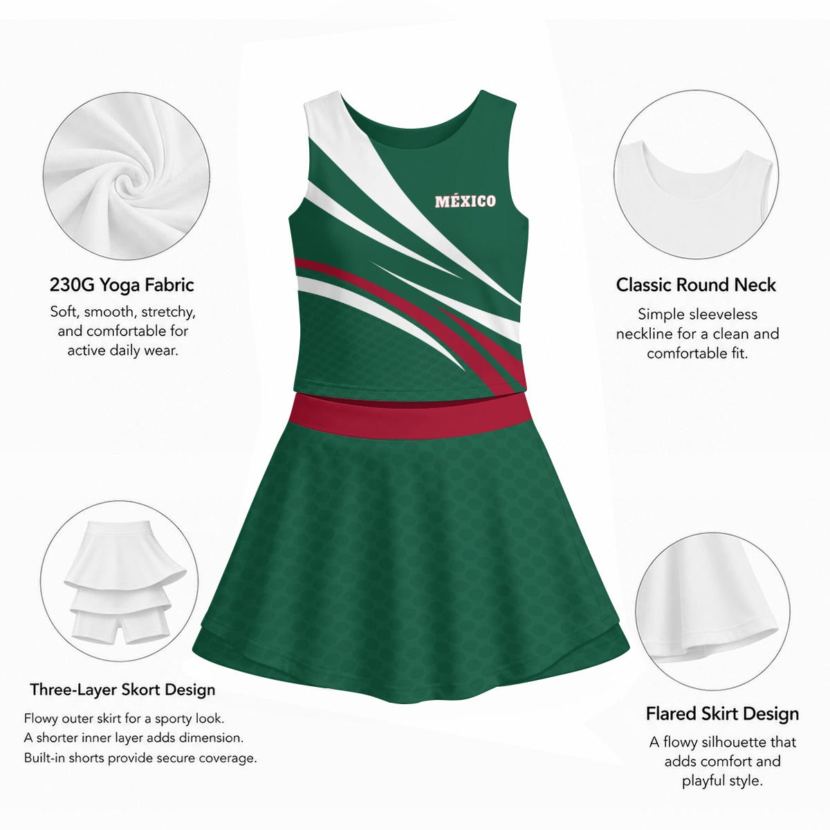 Set Deportivo de Mexico de Falda con Short Integrado y Top Premium para Mujer