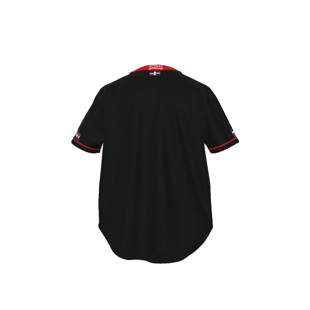 Jersey de béisbol República Dominicana negro con letras frontales estilo deportivo
