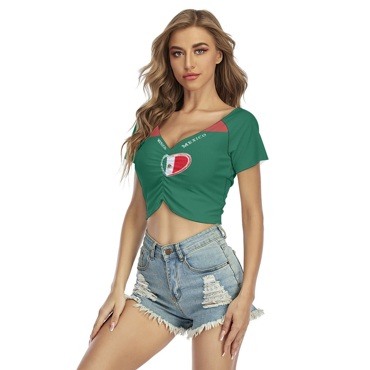Crop Top Mujer México Verde – V-Neck Ajustado con Fruncido