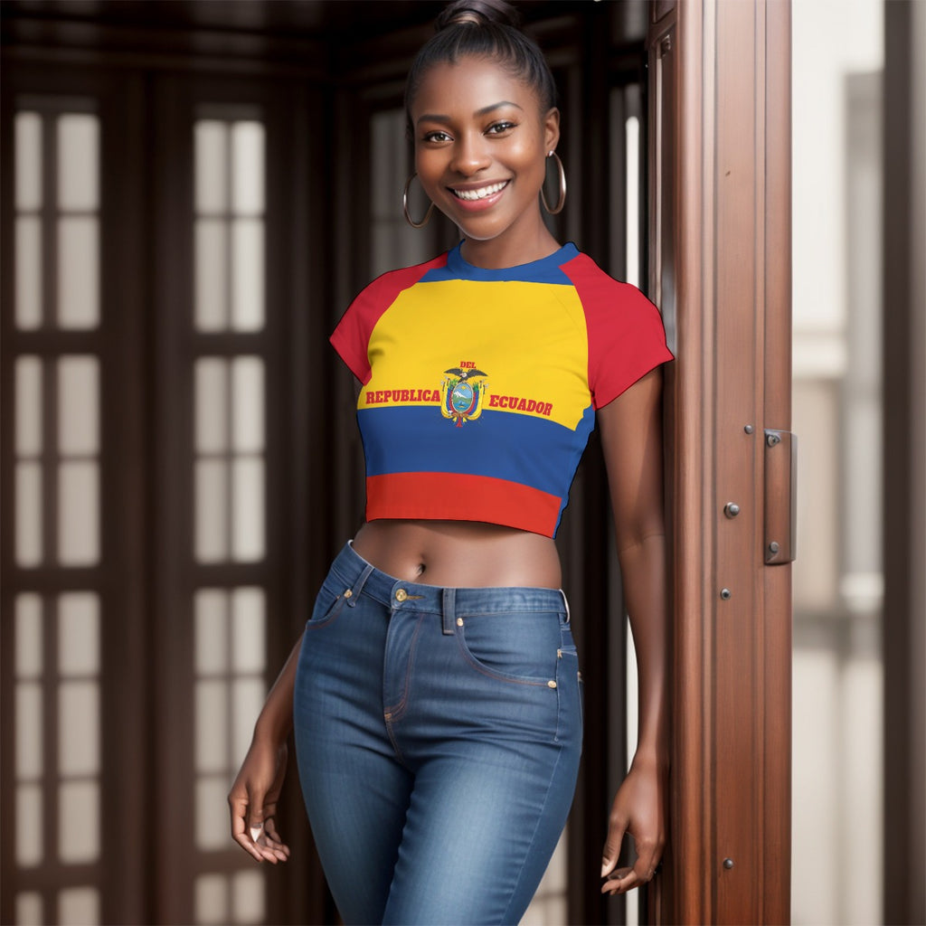 Top Cropped Deportivo Ecuador Mujer – con Mangas Raglán