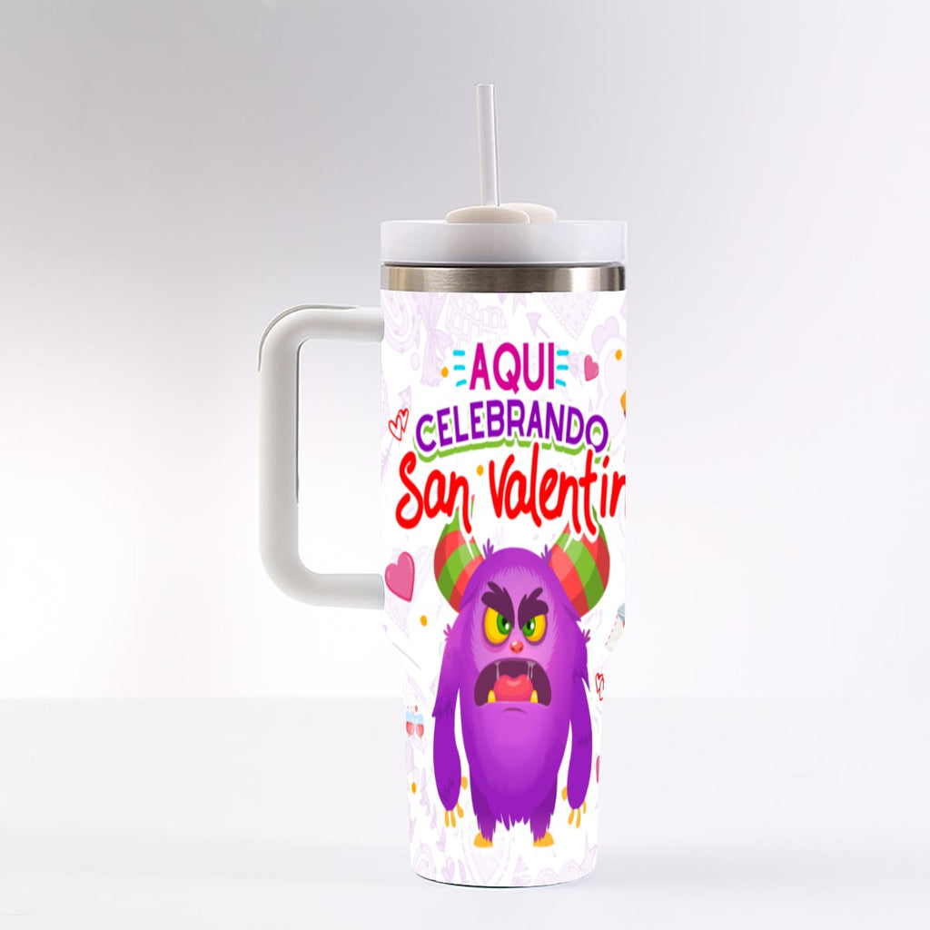 Taza y Tumbler San Valentin “Aquí Celebrando San Valentín”  Edición Divertida