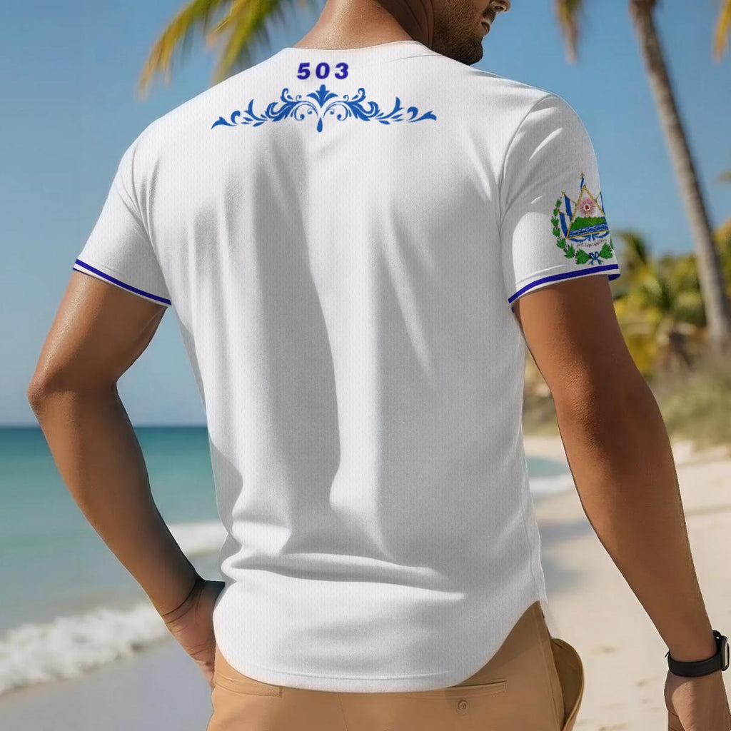 Jersey Baseball El Salvador – Camisa Deportiva Hombre Estilo Casual y Patriótico