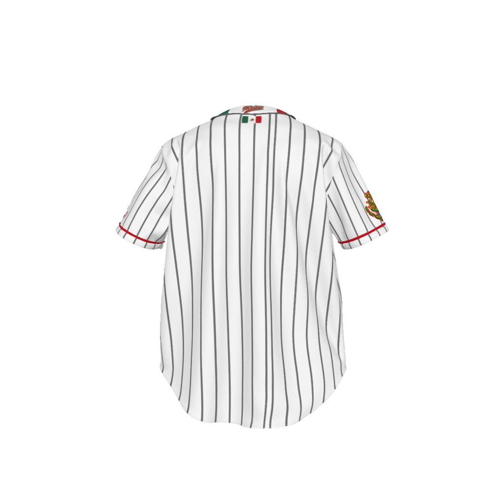 Jersey de béisbol México estilo pinstripe blanco con diseño Mexico en rojo y verde