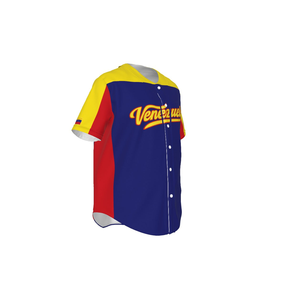Jersey de béisbol Venezuela tricolor azul, amarillo y rojo con diseño Venezuela frontal