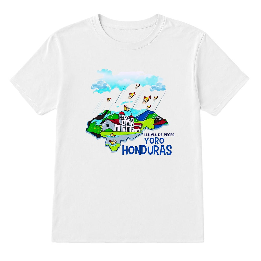 Camiseta Yoro Honduras lluvia de peces diseño ilustrado