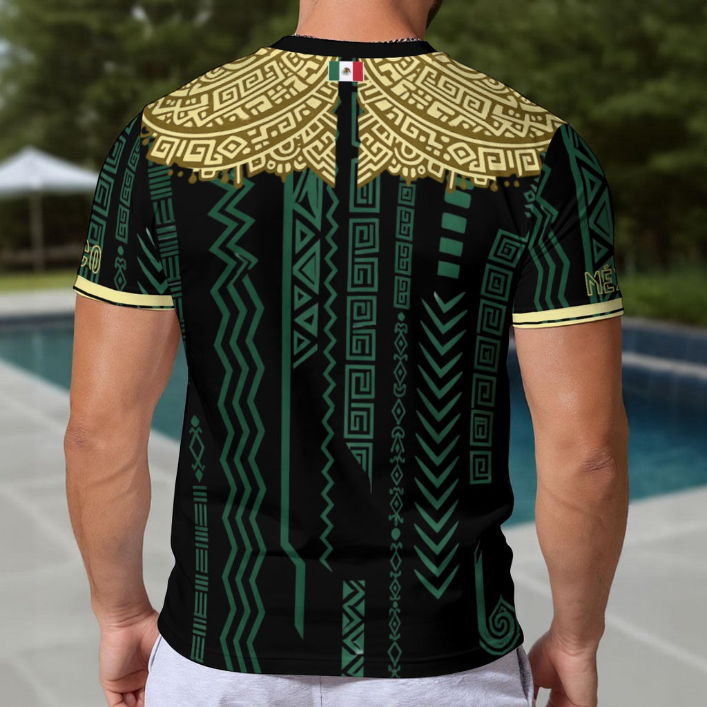 Camiseta México estilo azteca con patrones geométricos y águila dorada Hombre