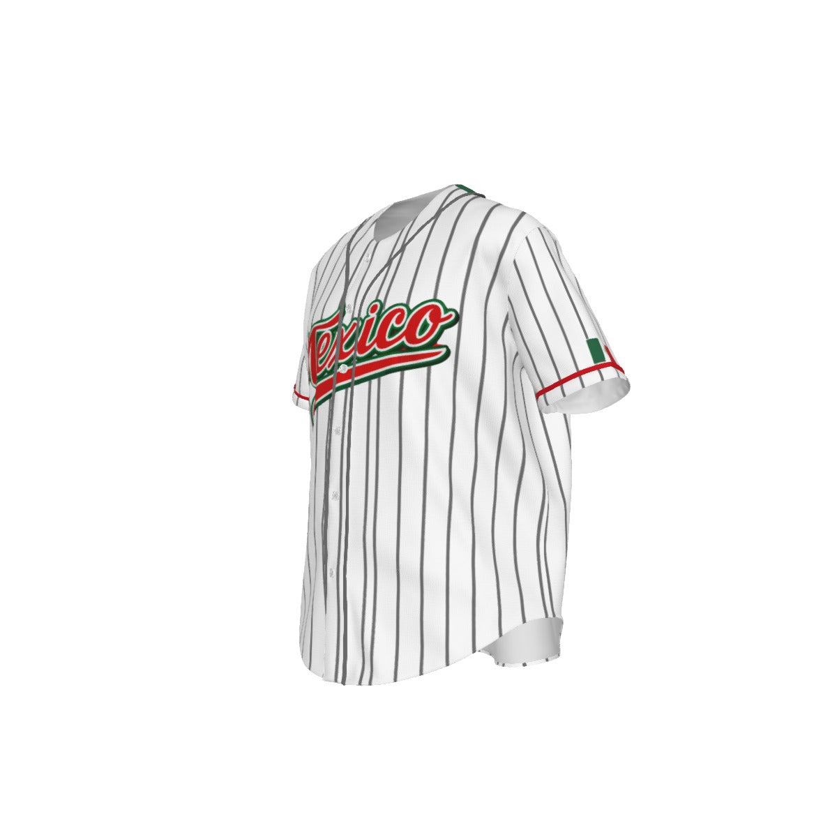Jersey de béisbol México estilo pinstripe blanco con diseño Mexico en rojo y verde