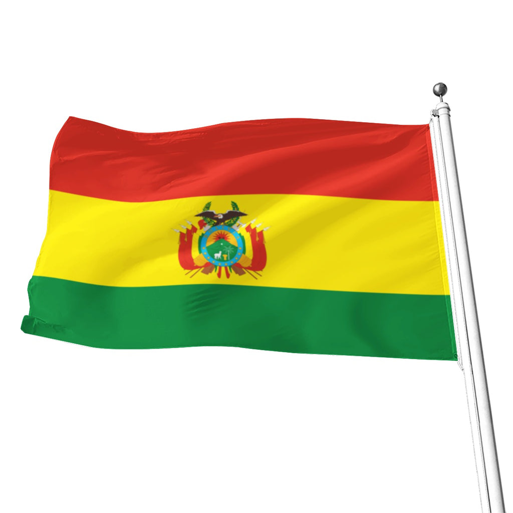 Bandera de Bolivia decorativa de poliéster rojo, amarillo y verde con escudo central