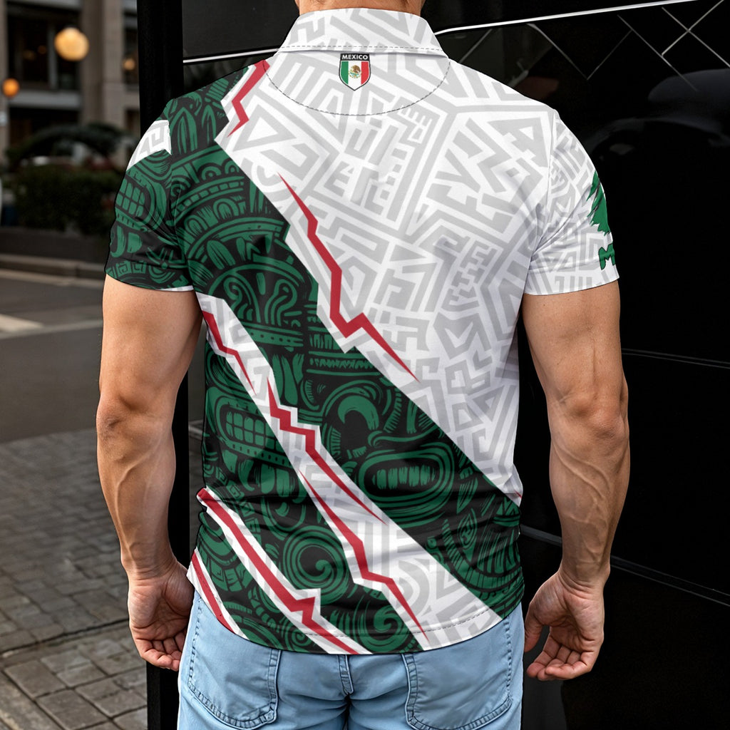 Polo México diseño azteca moderno | Camisa deportiva elegante verde blanco con estilo cultural