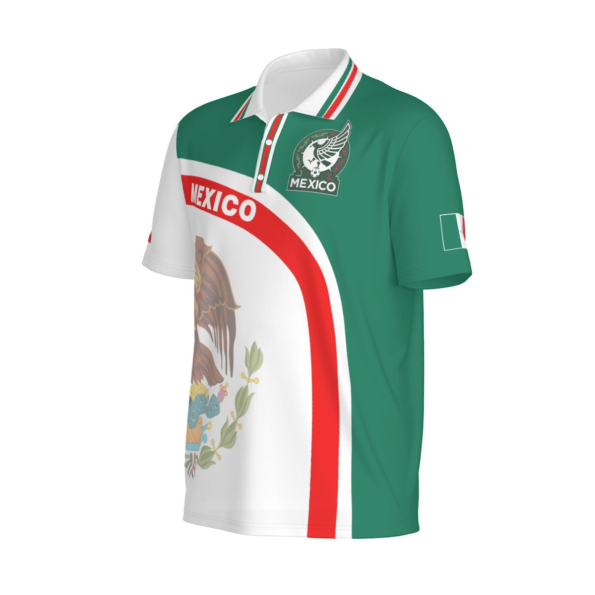 Camisa Polo México Franja Roja Escudo Nacional Tricolor Hombre