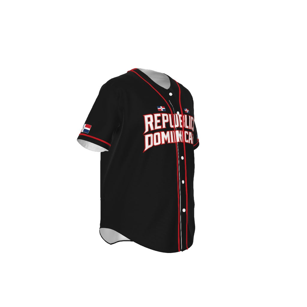 Jersey de béisbol República Dominicana negro con letras frontales estilo deportivo