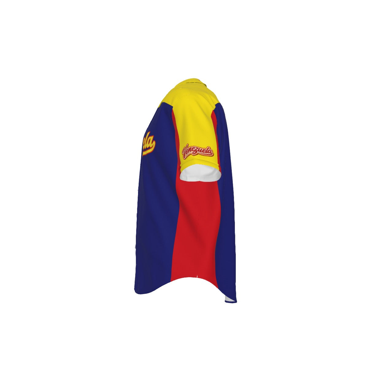 Jersey de béisbol Venezuela tricolor azul, amarillo y rojo con diseño Venezuela frontal