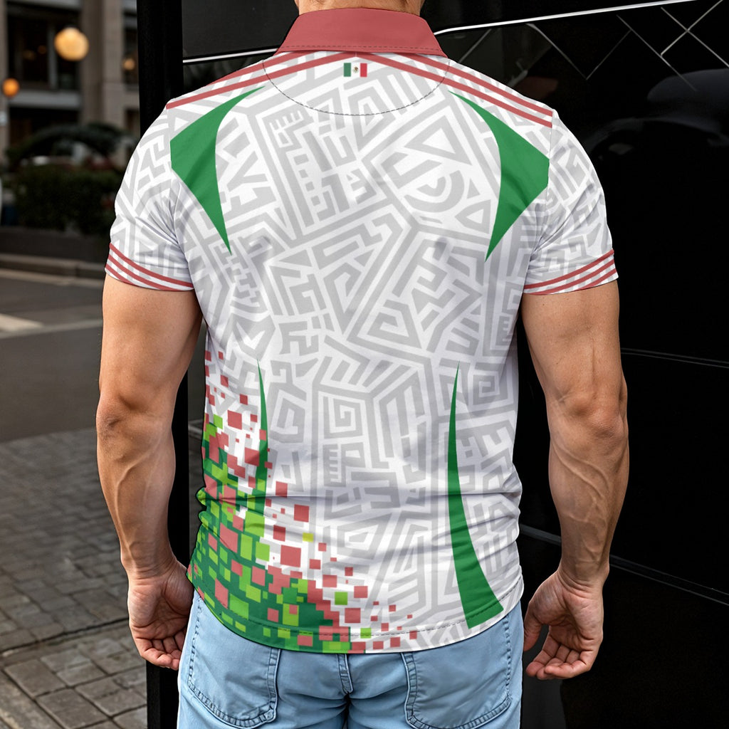 Polo México moderno estilo deportivo | Camisa elegante blanco verde rojo con diseño geométrico