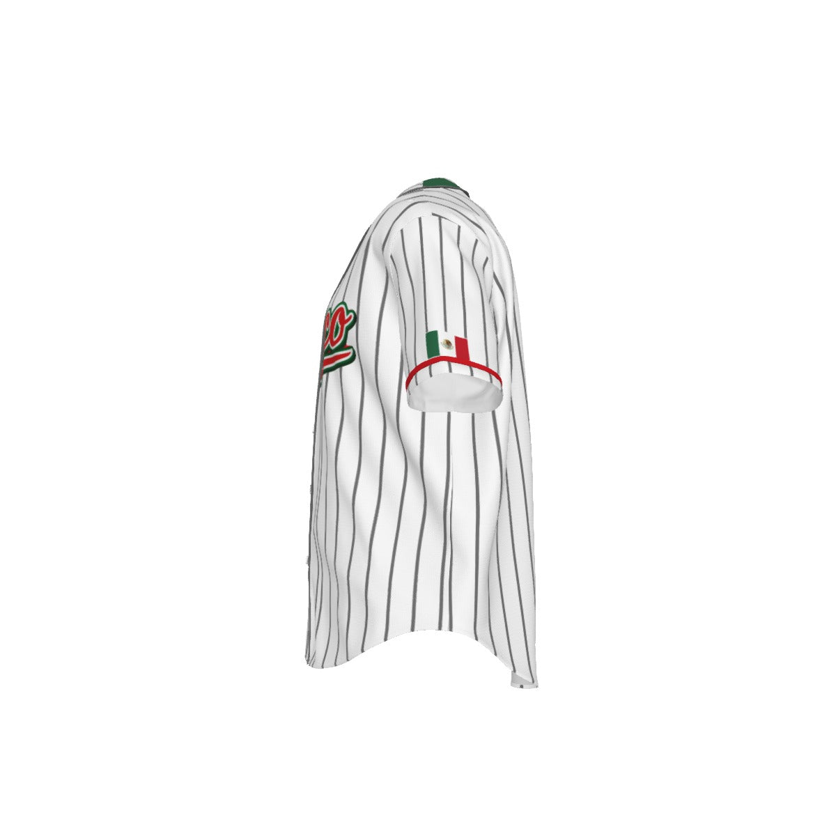 Jersey de béisbol México estilo pinstripe blanco con diseño Mexico en rojo y verde
