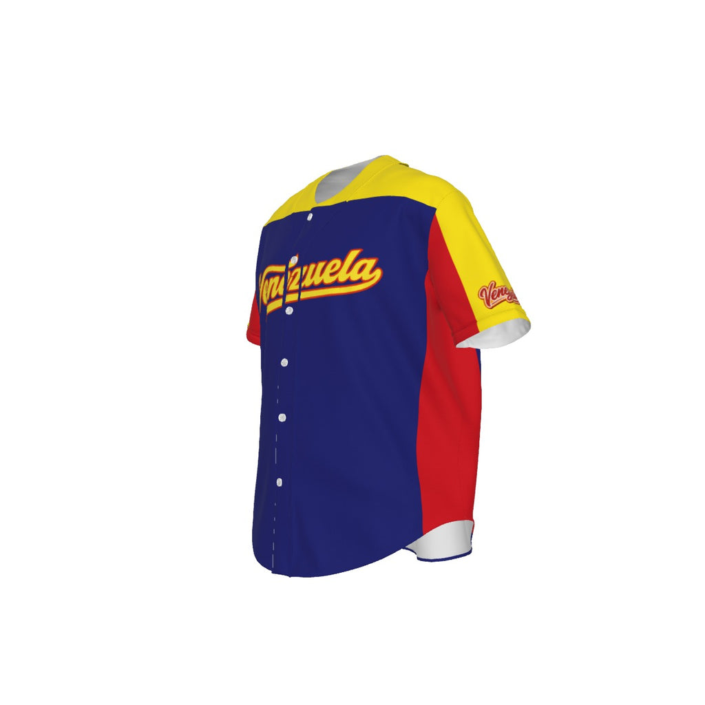 Jersey de béisbol Venezuela tricolor azul, amarillo y rojo con diseño Venezuela frontal