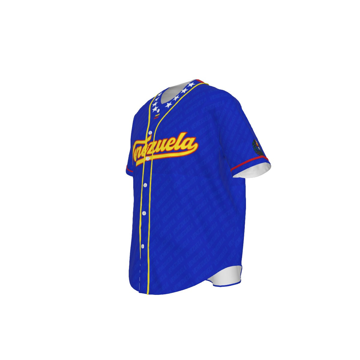 Jersey de béisbol Venezuela azul estilo clásico con botones y detalles amarillo y rojo